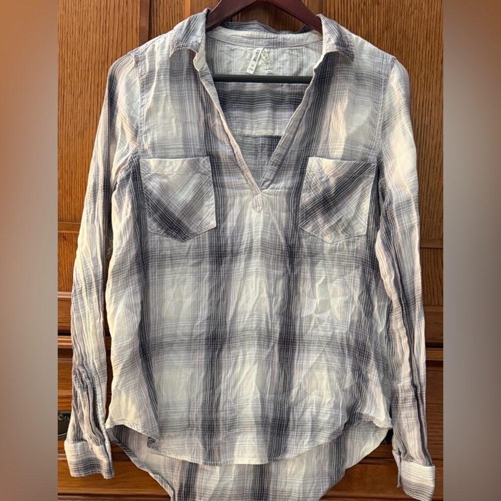 Y2K Mudd Quarter Open Plaid Deep V-neck Split Popover Tunic Boho Grunge Peasant